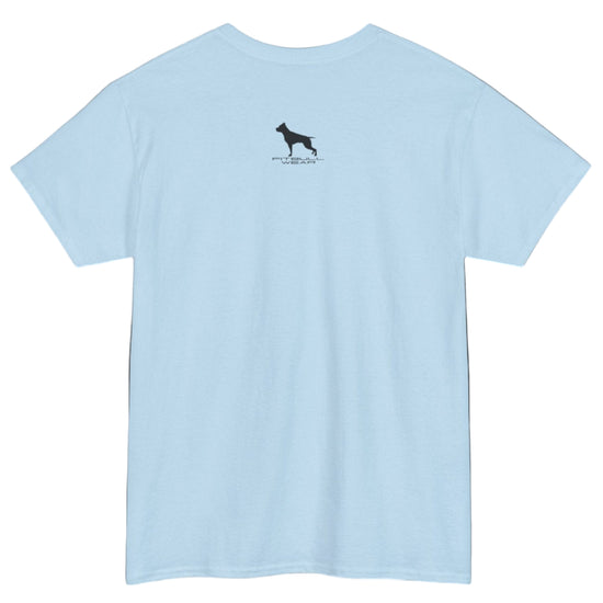 Light blue Fitbull T-shirt with a logo on the outer neck d view.