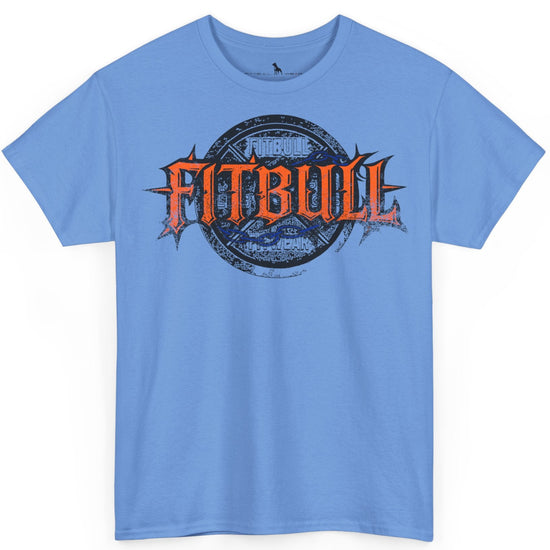 A  carolina blue bodybuilding spotry 'Fitbull' t-shirt witnt logo and mitvation design.