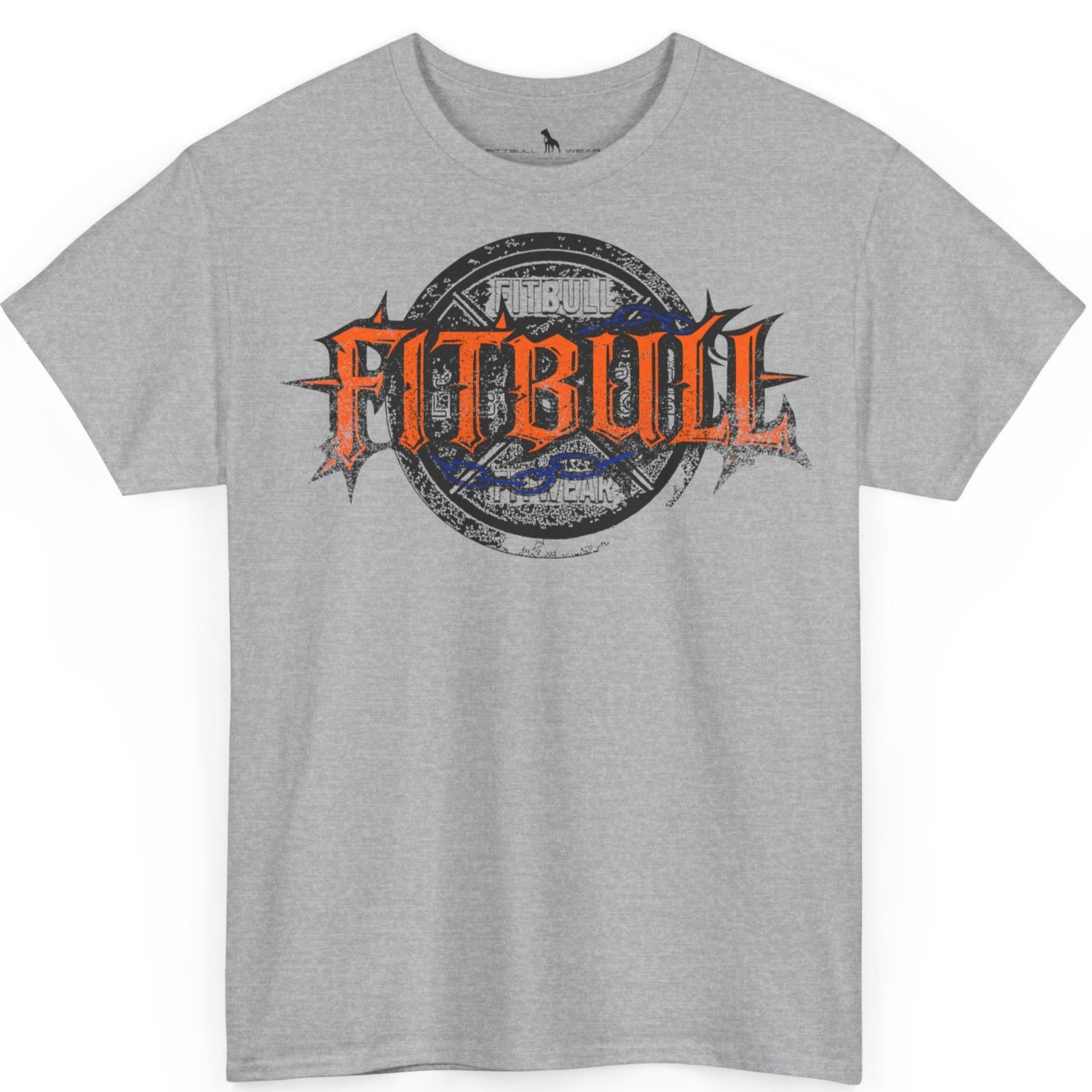 A  grey bodybuilding spotry 'Fitbull' t-shirt witnt logo and mitvation design.
