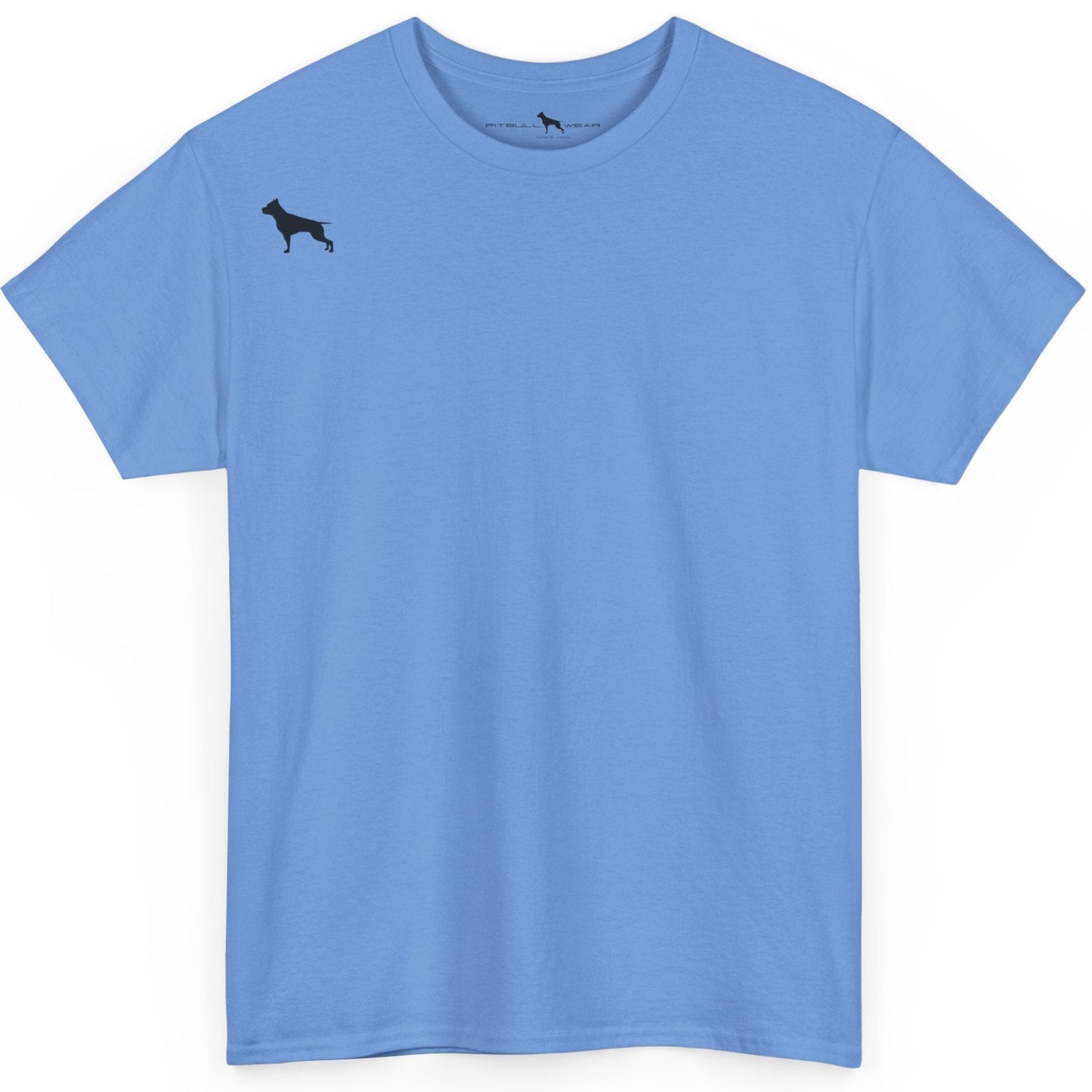 Carolina blue Fitbull t-shirt with a small black logo on the front. Fitness and Bodybuilding motivating.