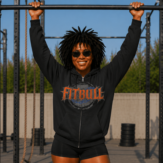 Person wearing a black hoodie with 'Fitbull' logo, doing pull-ups outdoors.