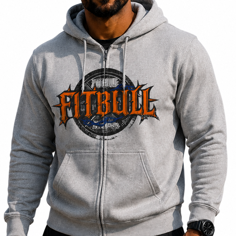 Man wearing a gray hoodie with Fitbull logo on a white background