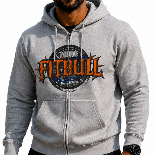 Man wearing a gray hoodie with Fitbull logo on a white background
