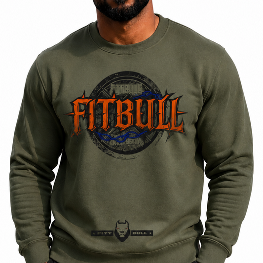Man wearing a green Fitbull sweatshirt on a white background