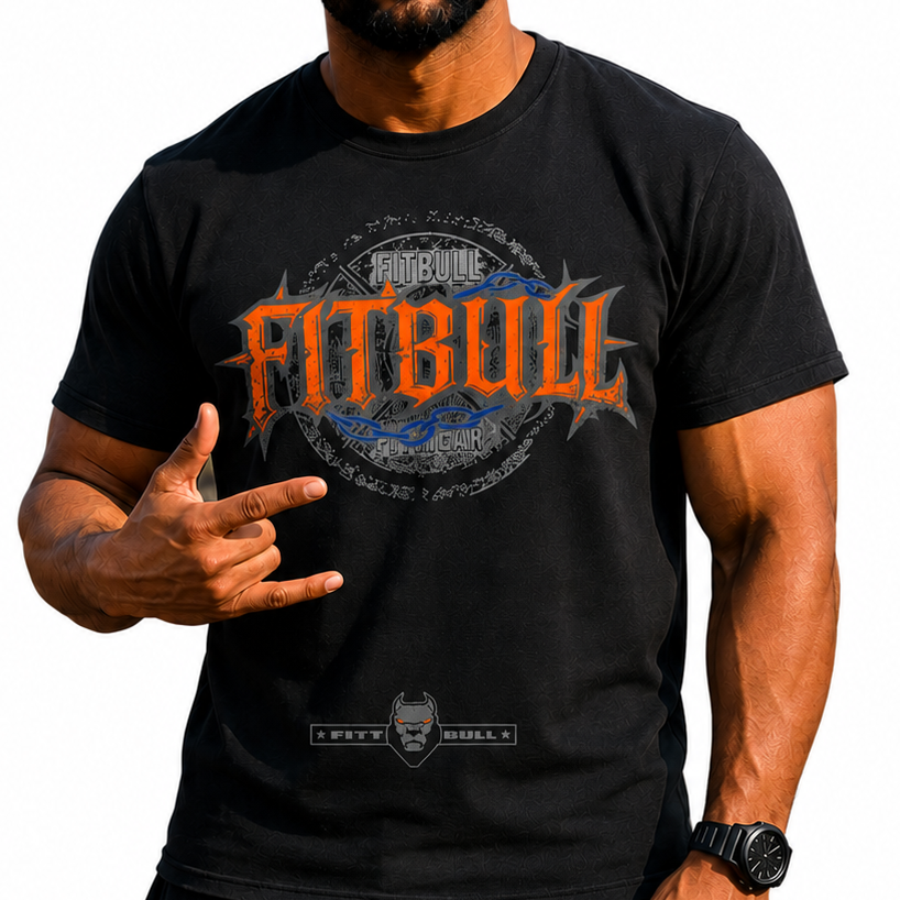 Man wearing a black Fitbull t-shirt on a white background