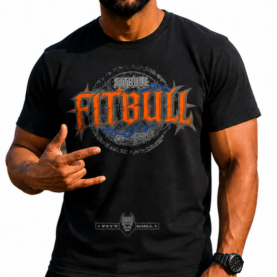 Man wearing a black Fitbull t-shirt on a white background