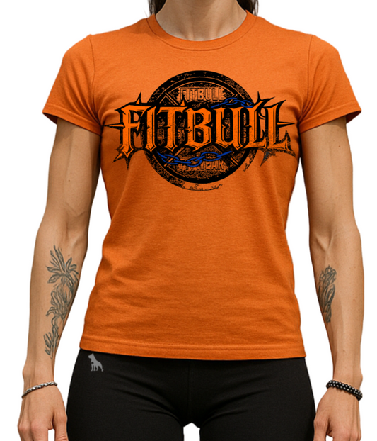 Person wearing an orange fitness motivational 'Fitbull' t-shirt and black shorts