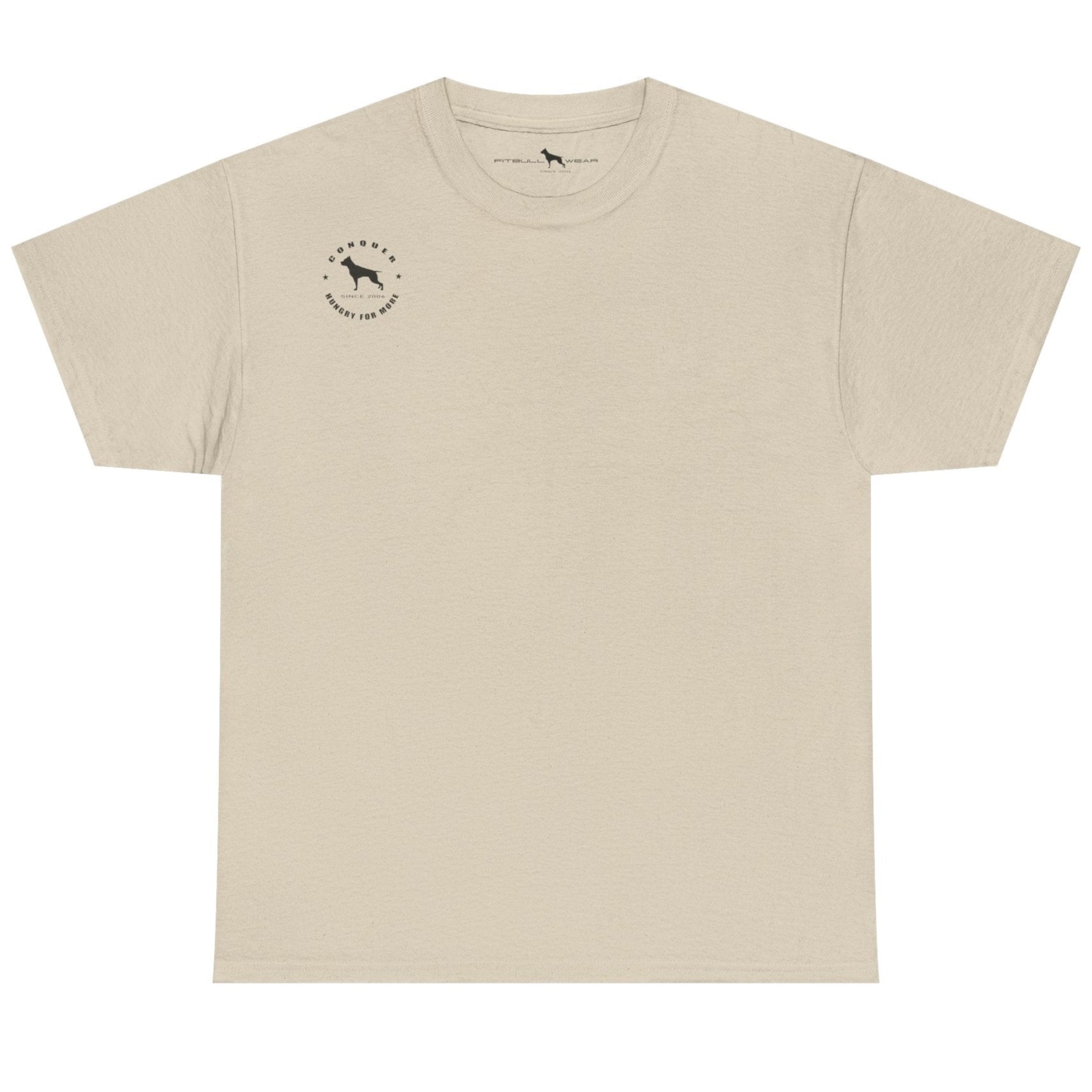 Beige t-shirt with a small logo on the chest against a white background