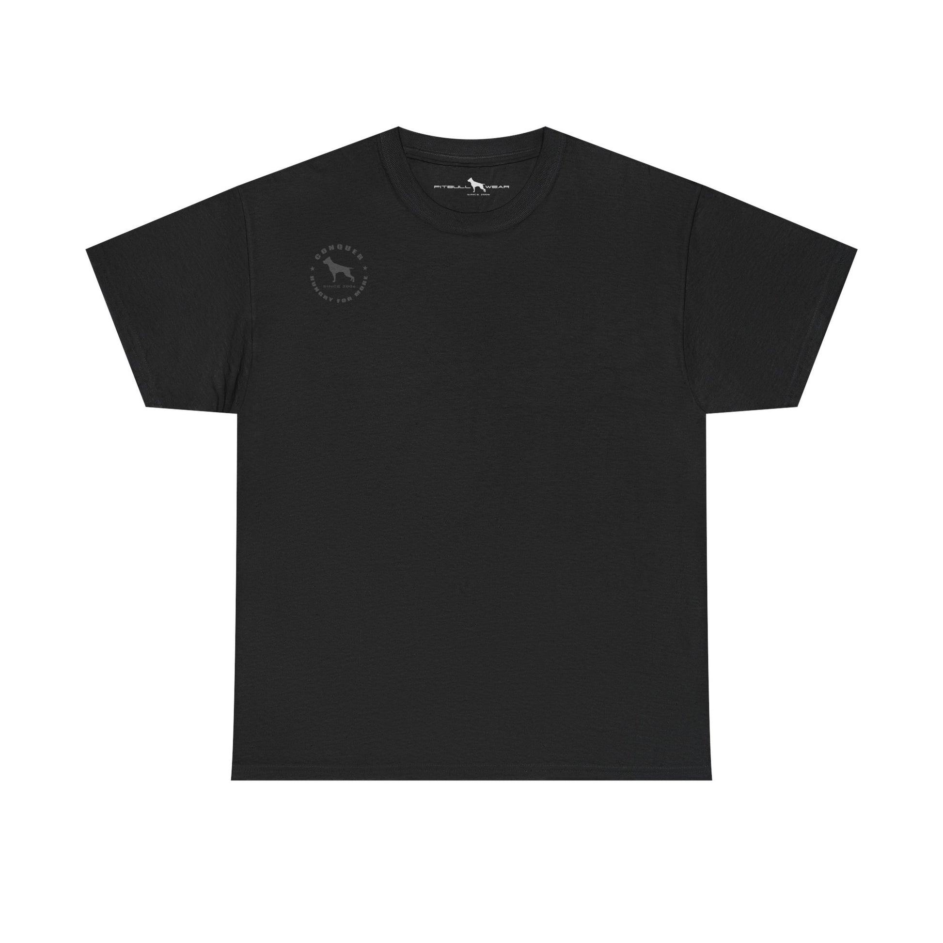 Black t-shirt with a small logo on a white background