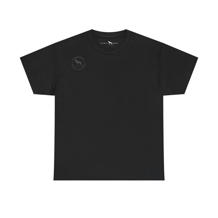 Black t-shirt with a small logo on a white background