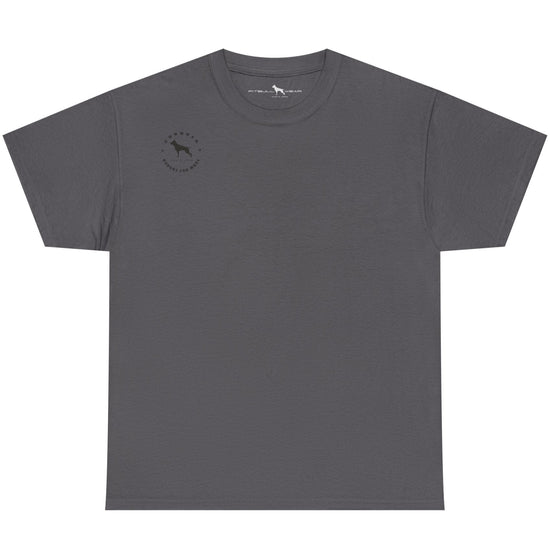 Gray t-shirt with a small logo on the left chest against a white background