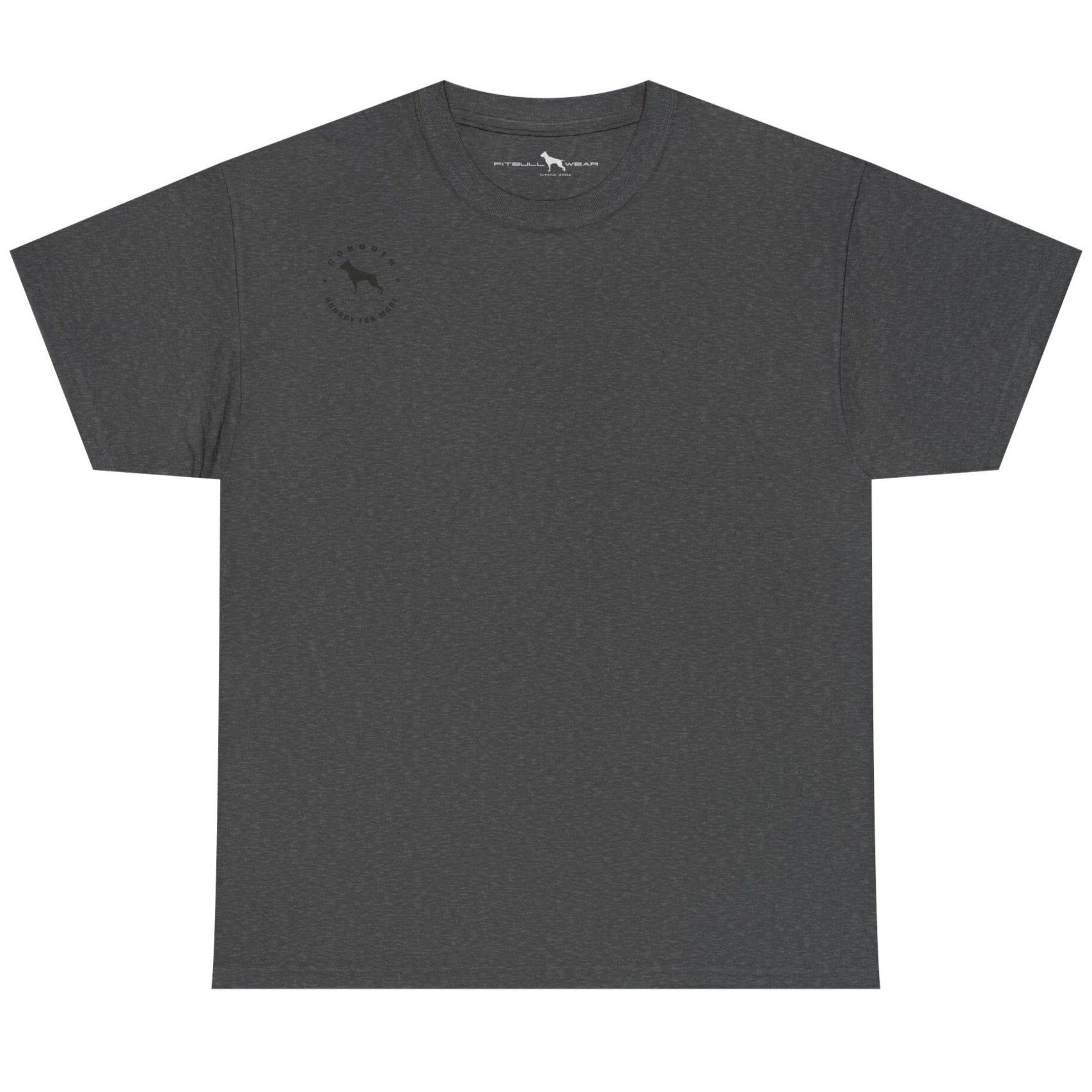 Dark gray t-shirt with a small logo on a white background