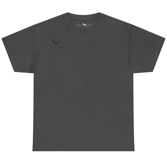Dark gray t-shirt with a small logo on a white background