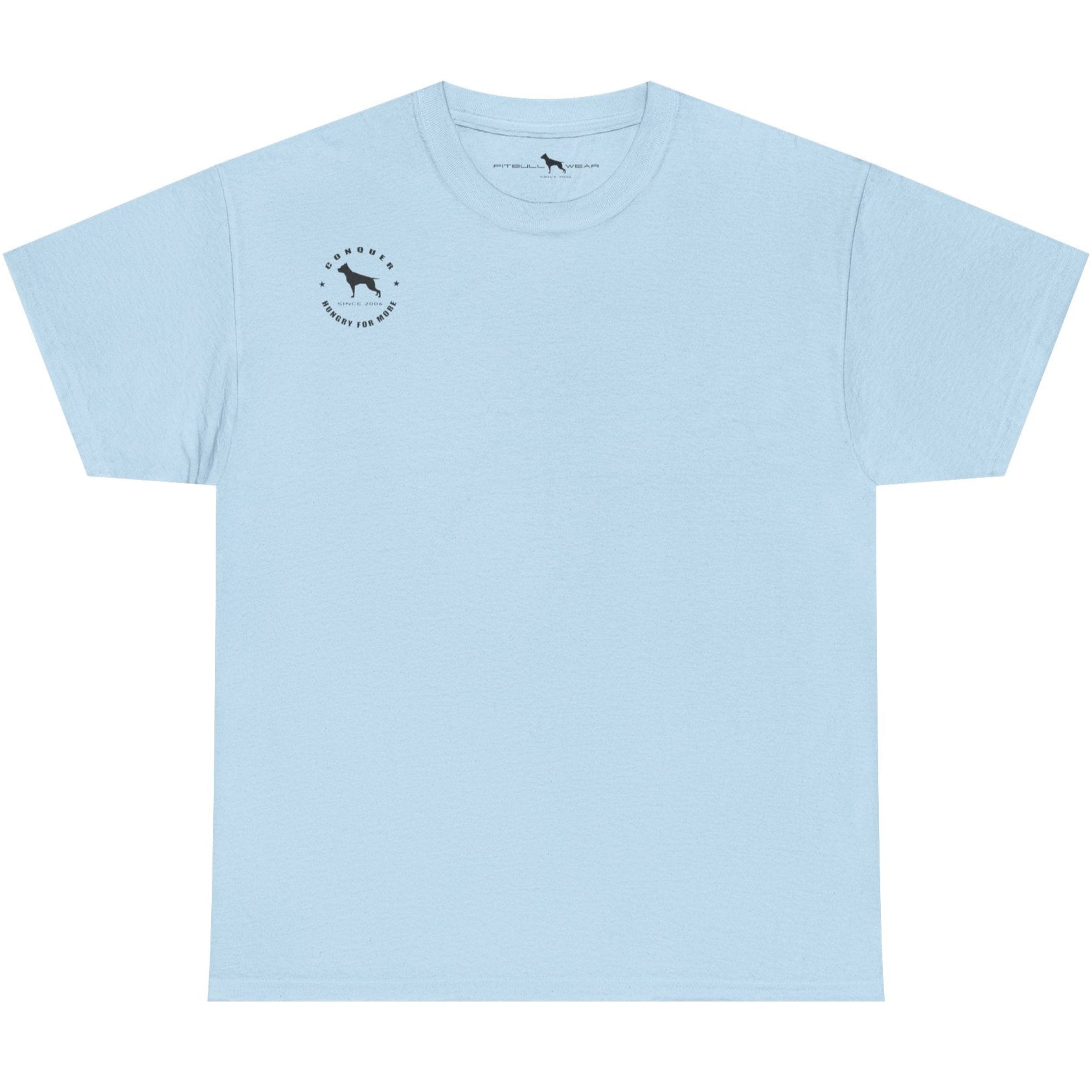 Light blue t-shirt with a small logo on a white background