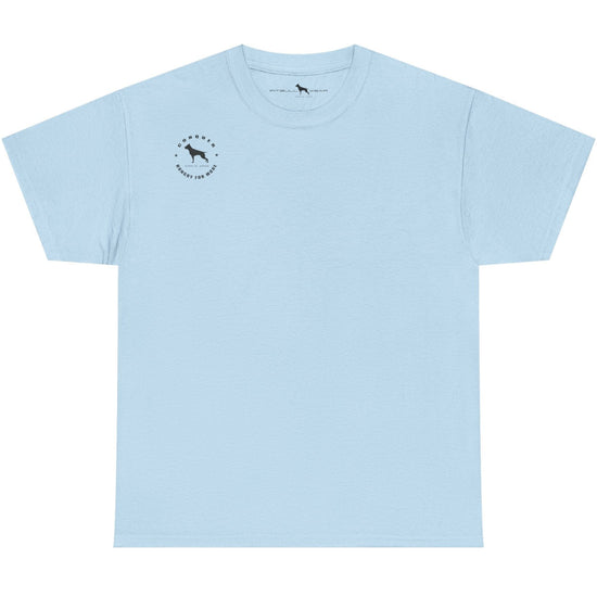 Light blue t-shirt with a small logo on a white background