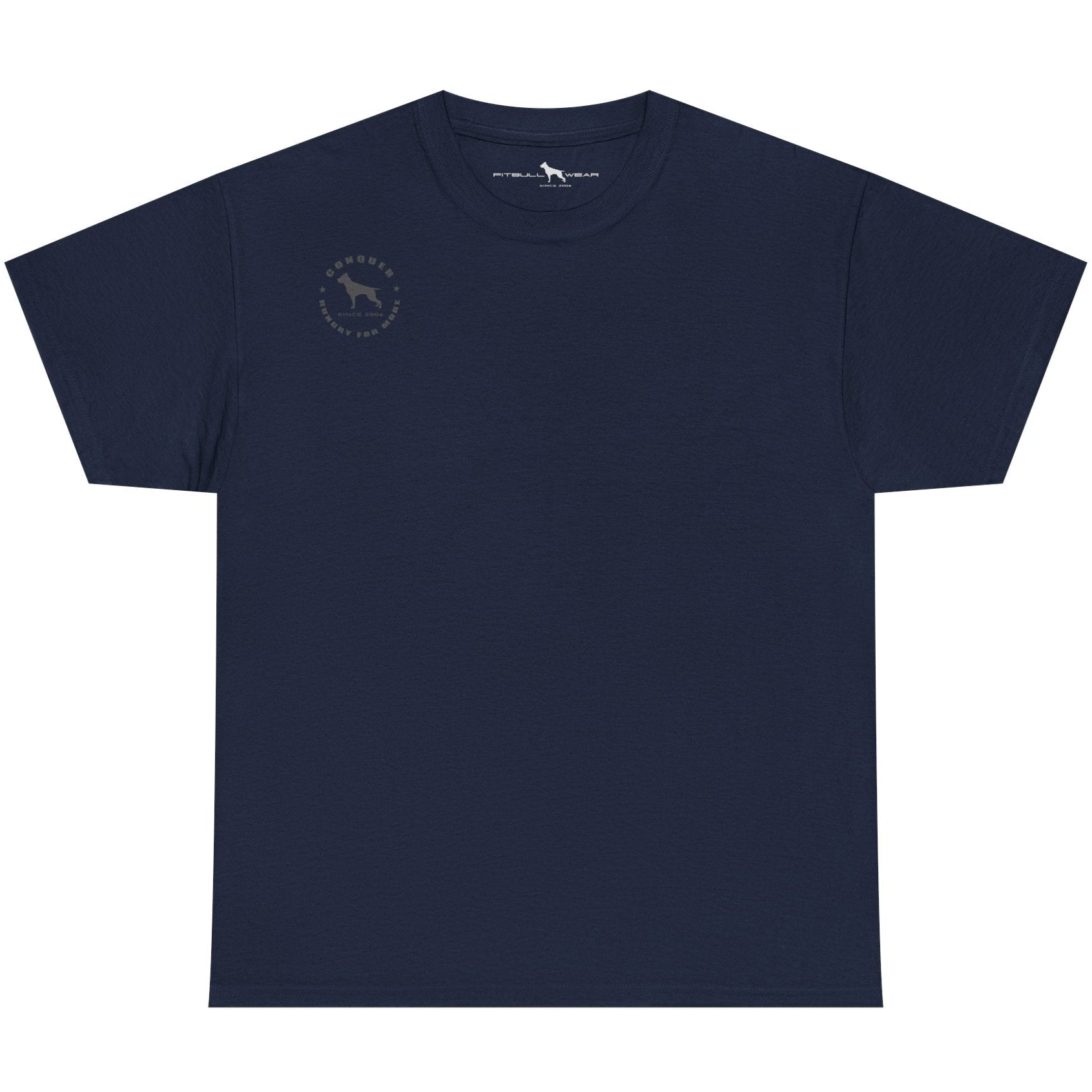 Navy blue t-shirt with a small logo on a white background