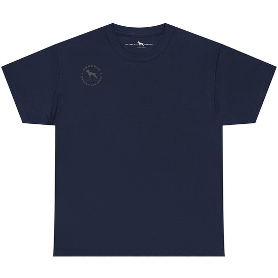 Navy blue t-shirt with a small logo on a white background