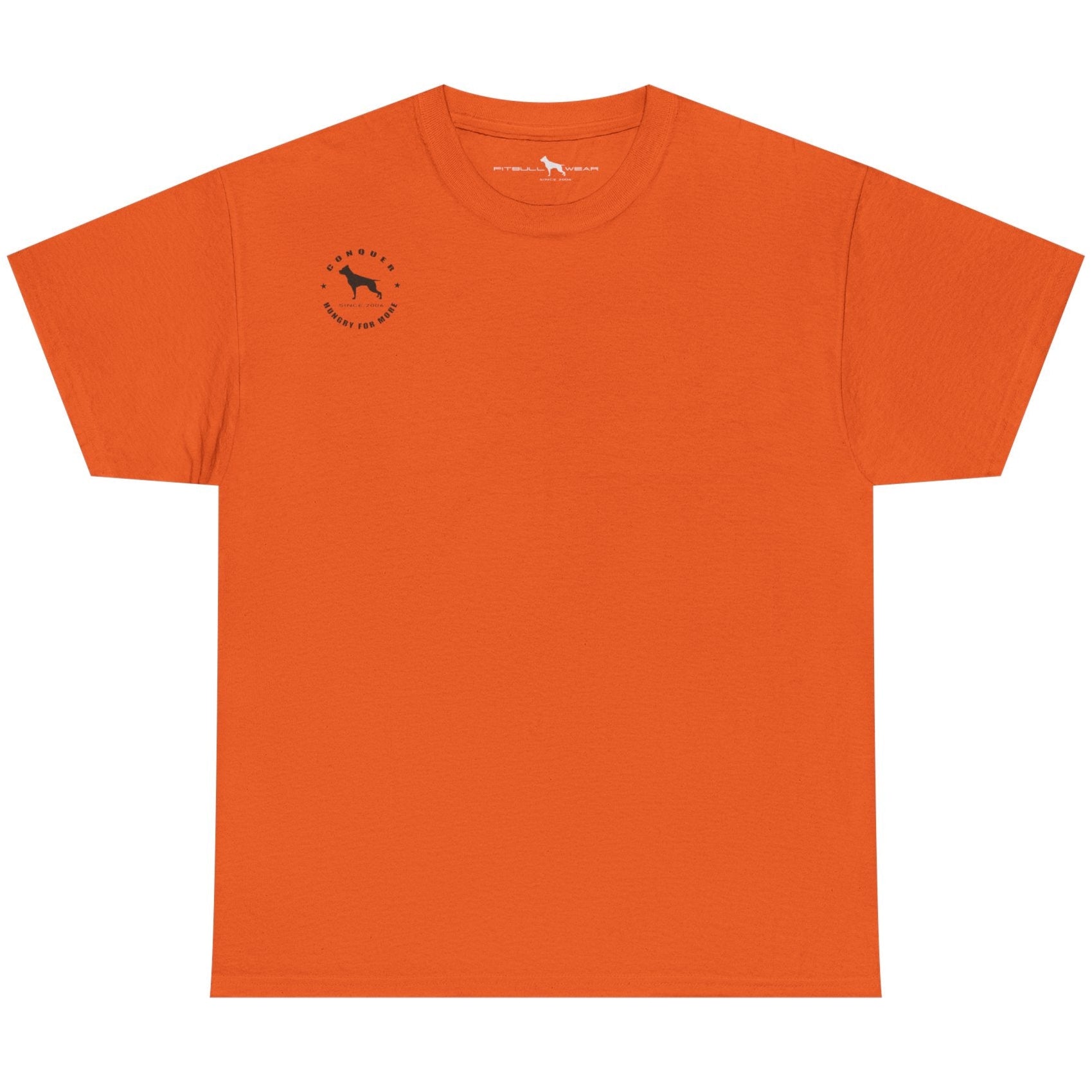 Orange t-shirt with a small logo on a white background