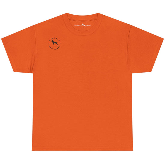 Orange t-shirt with a small logo on a white background