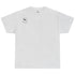 Gray t-shirt with a small logo on the chest against a white background