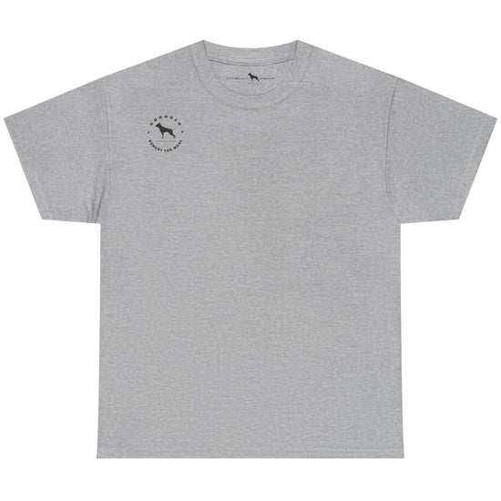Gray t-shirt with a small logo on the chest against a white background