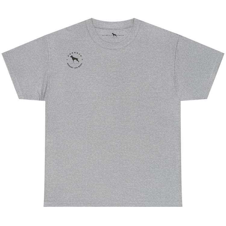 Gray t-shirt with a small logo on the chest against a white background