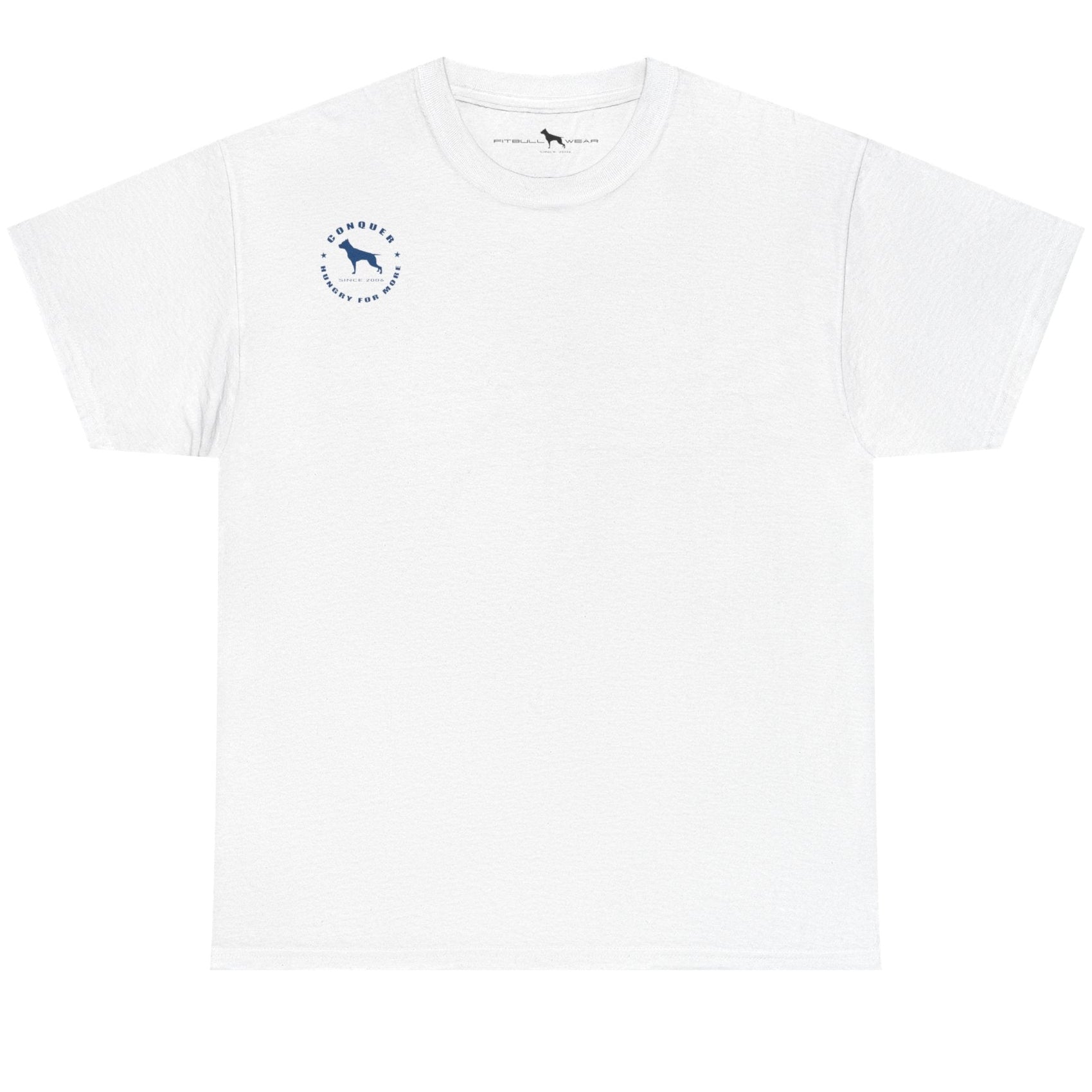 White t-shirt with a small blue logo on a white background