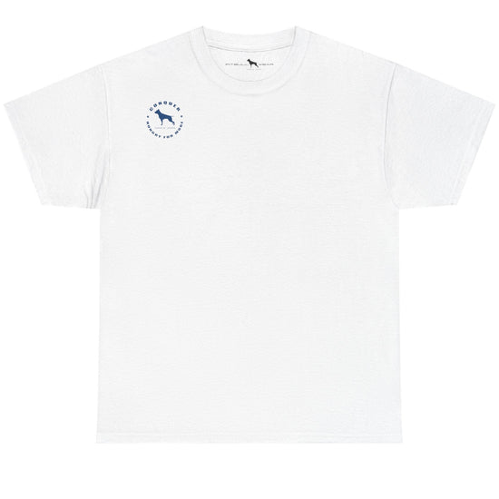 White t-shirt with a small blue logo on a white background