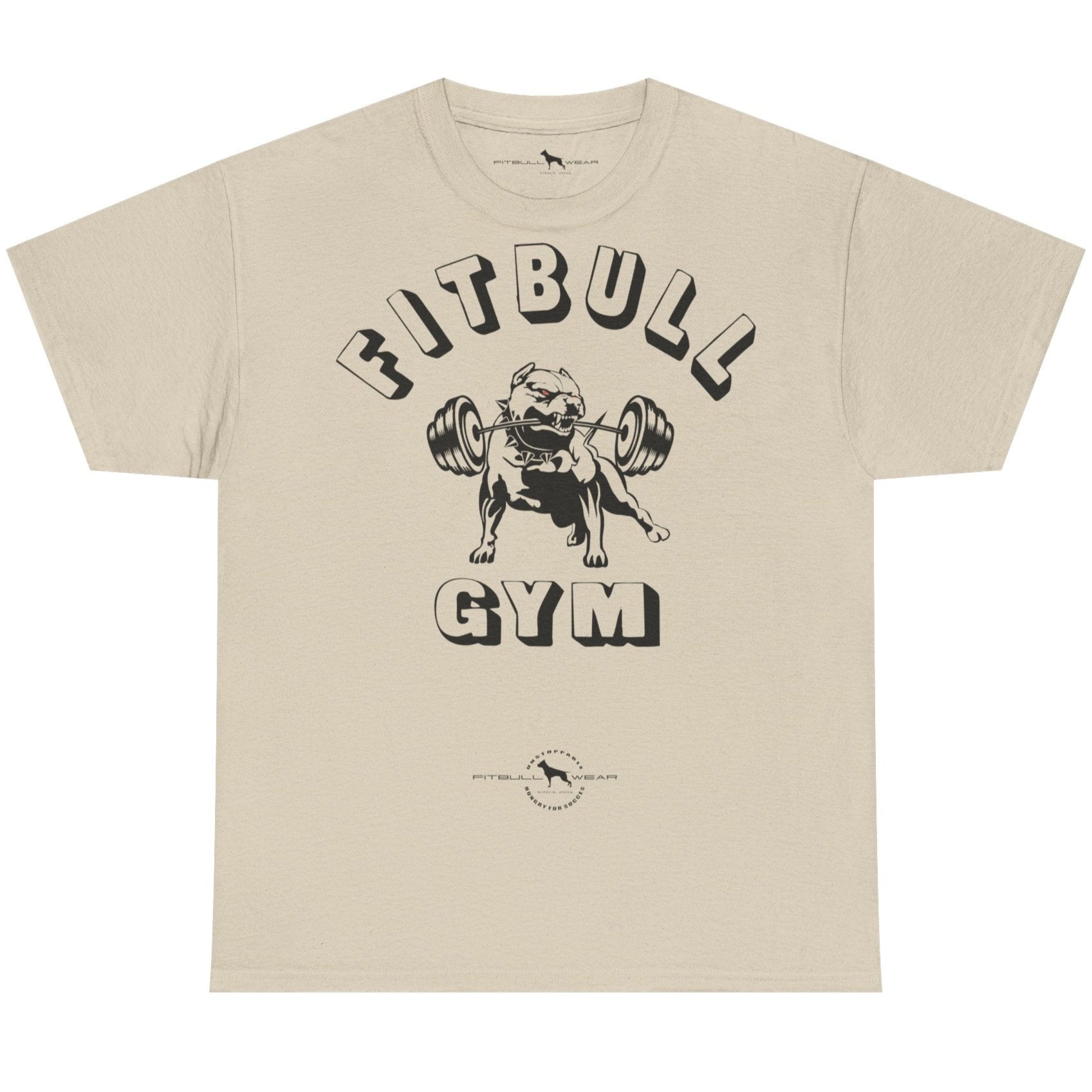Beige t-shirt with 'Fitbull Gym' graphic on a white background