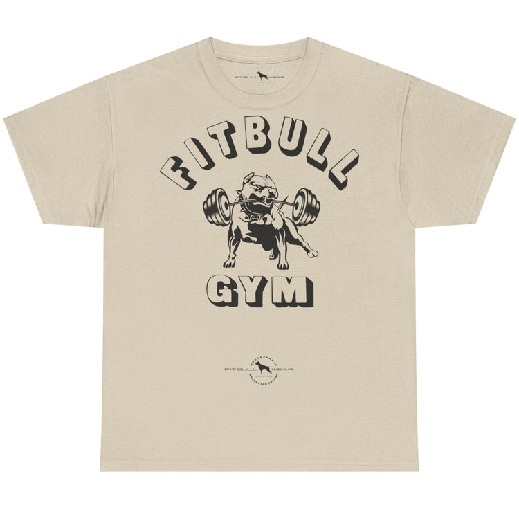 Beige t-shirt with 'Fitbull Gym' graphic on a white background