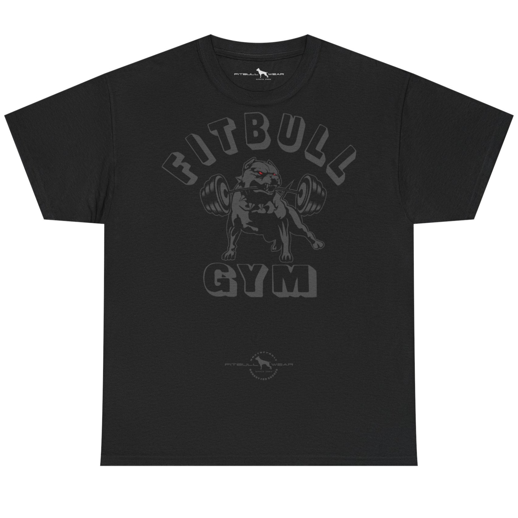 Black t-shirt with 'Bitbull Gym' graphic design on a white background