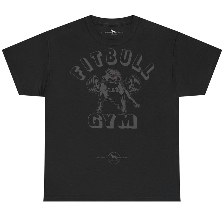 Black t-shirt with 'Bitbull Gym' graphic design on a white background