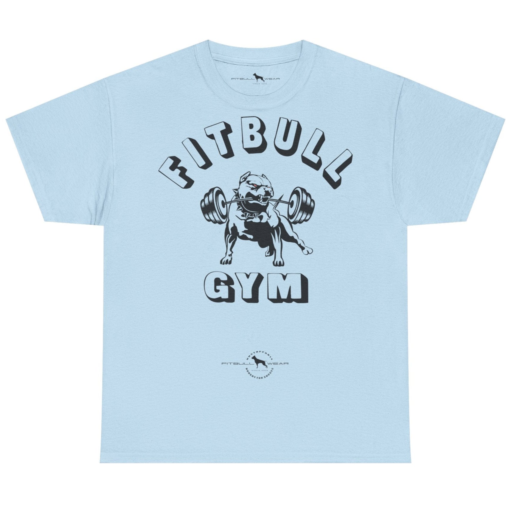 Light blue t-shirt with 'Fitbull Gym' graphic on a white background