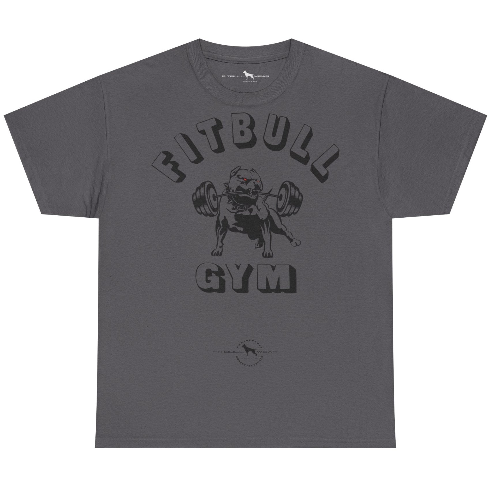 Gray t-shirt with 'Fitbull Gym' graphic on a white background