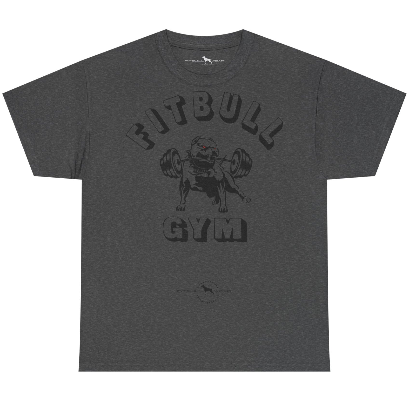 Dark gray t-shirt with 'Bitbull Gym' graphic on a white background