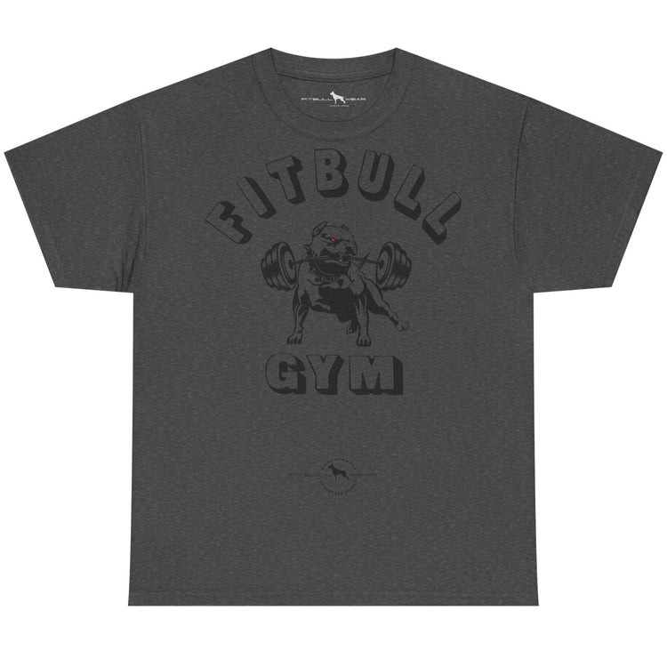 Dark gray t-shirt with 'Bitbull Gym' graphic on a white background