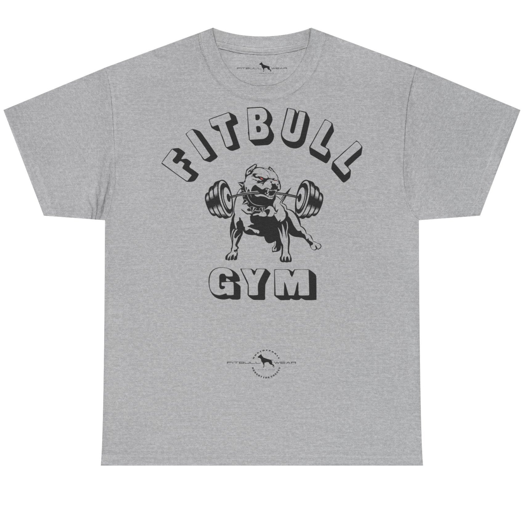 Gray t-shirt with 'Fitbull Gym' graphic on a white background