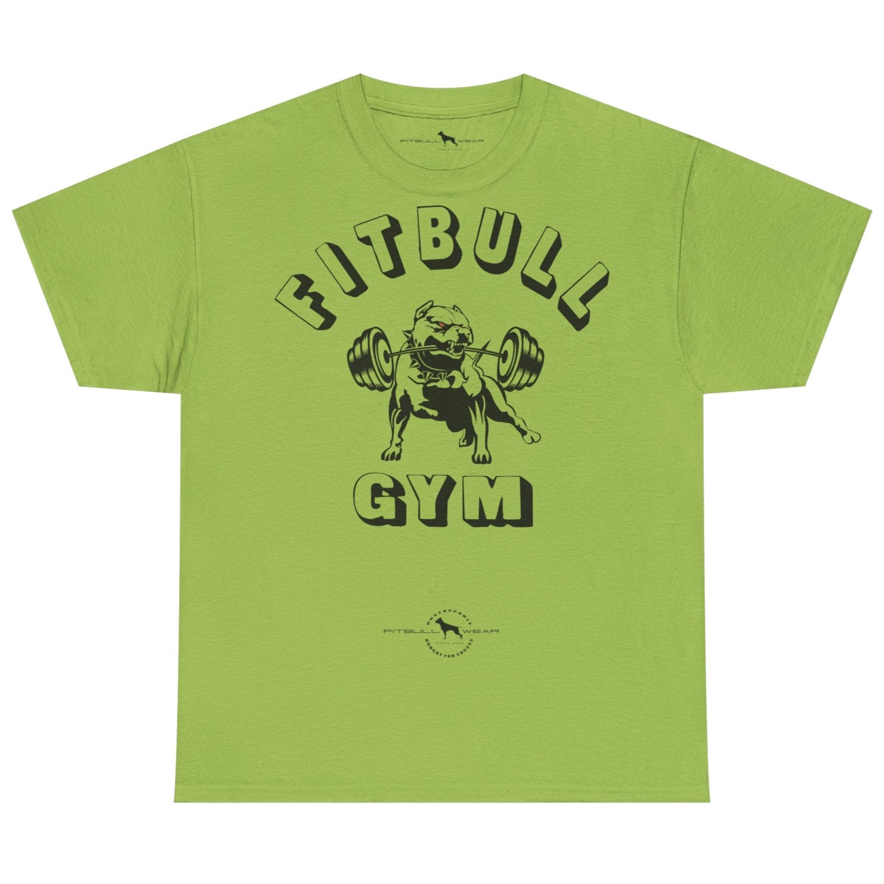 Green t-shirt with 'Fitbull Gym' graphic on a white background