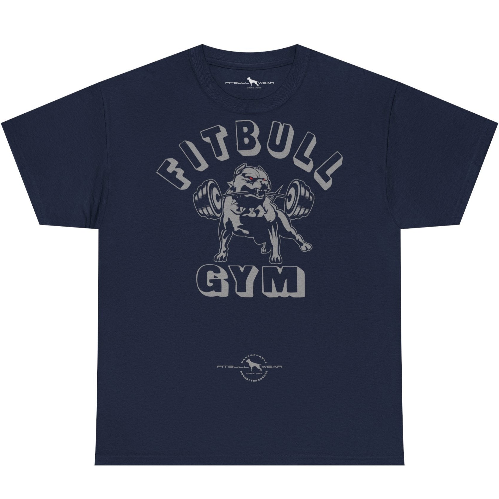 Navy blue t-shirt with 'Bitbull Gym' graphic on a white background
