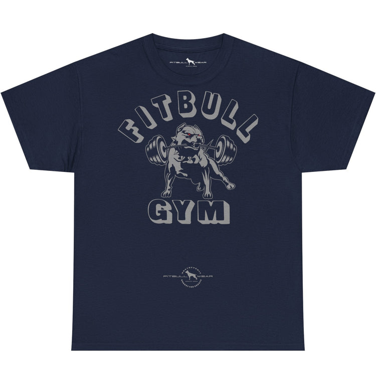 Navy blue t-shirt with 'Bitbull Gym' graphic on a white background