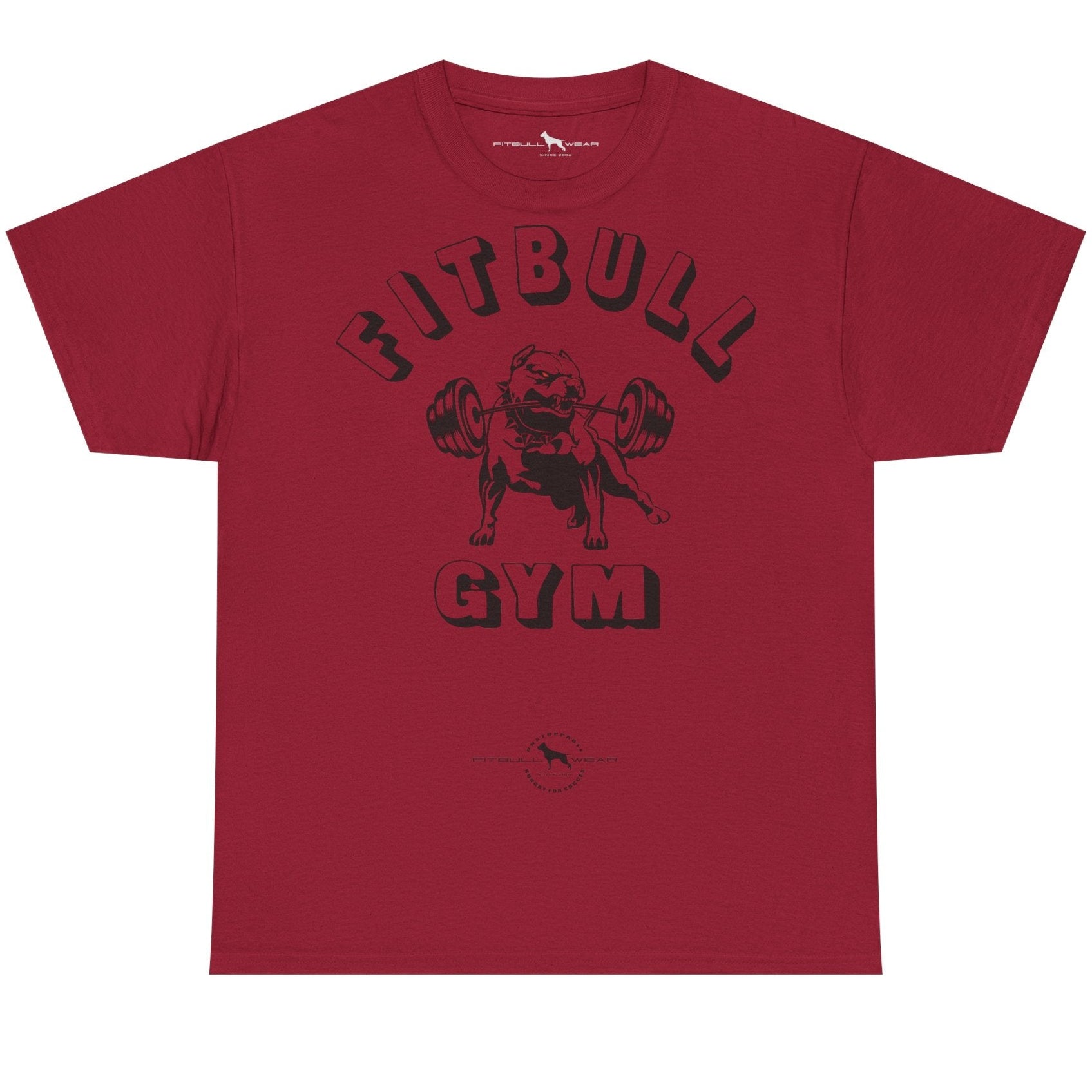 Red t-shirt with 'FitBull Gym' graphic on a white background