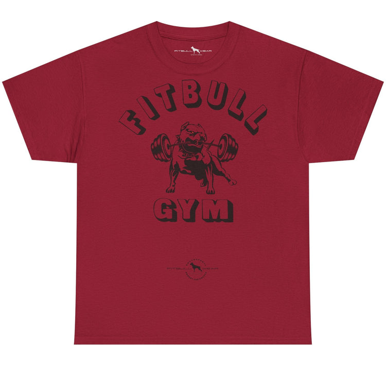 Red t-shirt with 'FitBull Gym' graphic on a white background