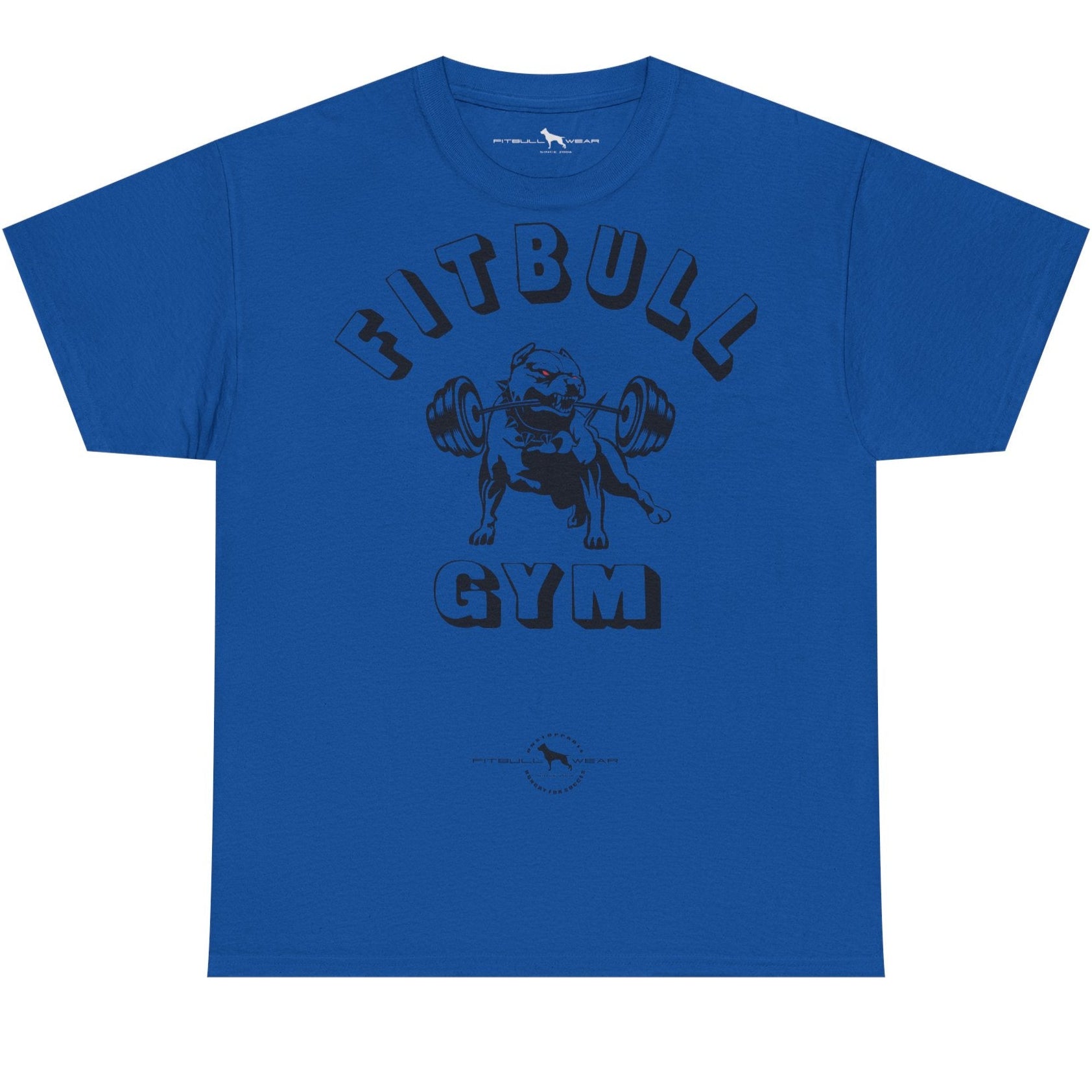 Blue t-shirt with 'Fitbull Gym' graphic on a white background