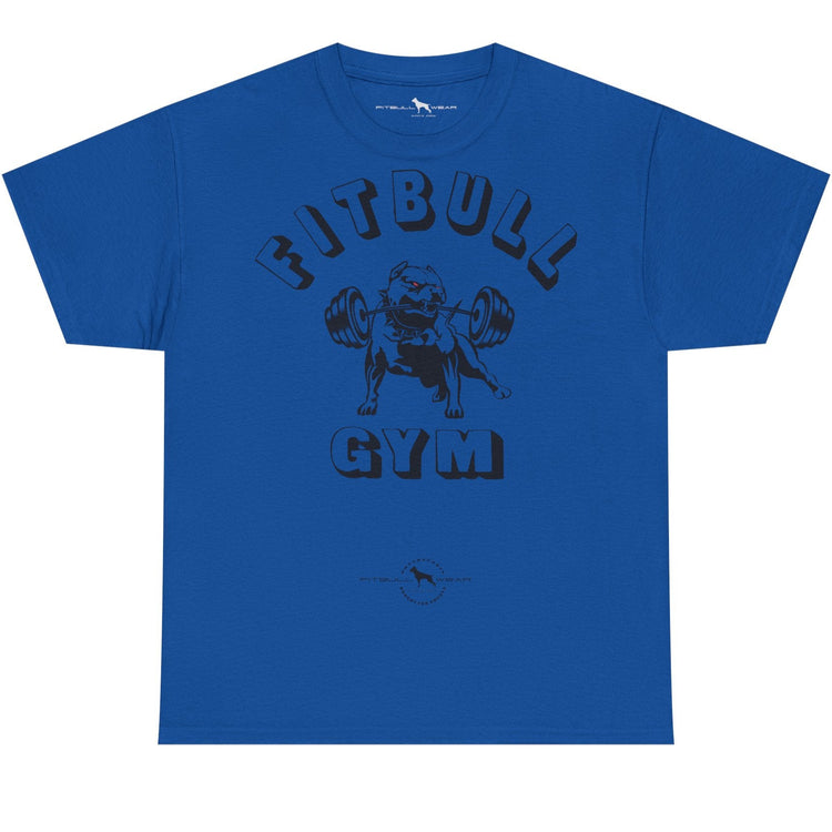 Blue t-shirt with 'Fitbull Gym' graphic on a white background