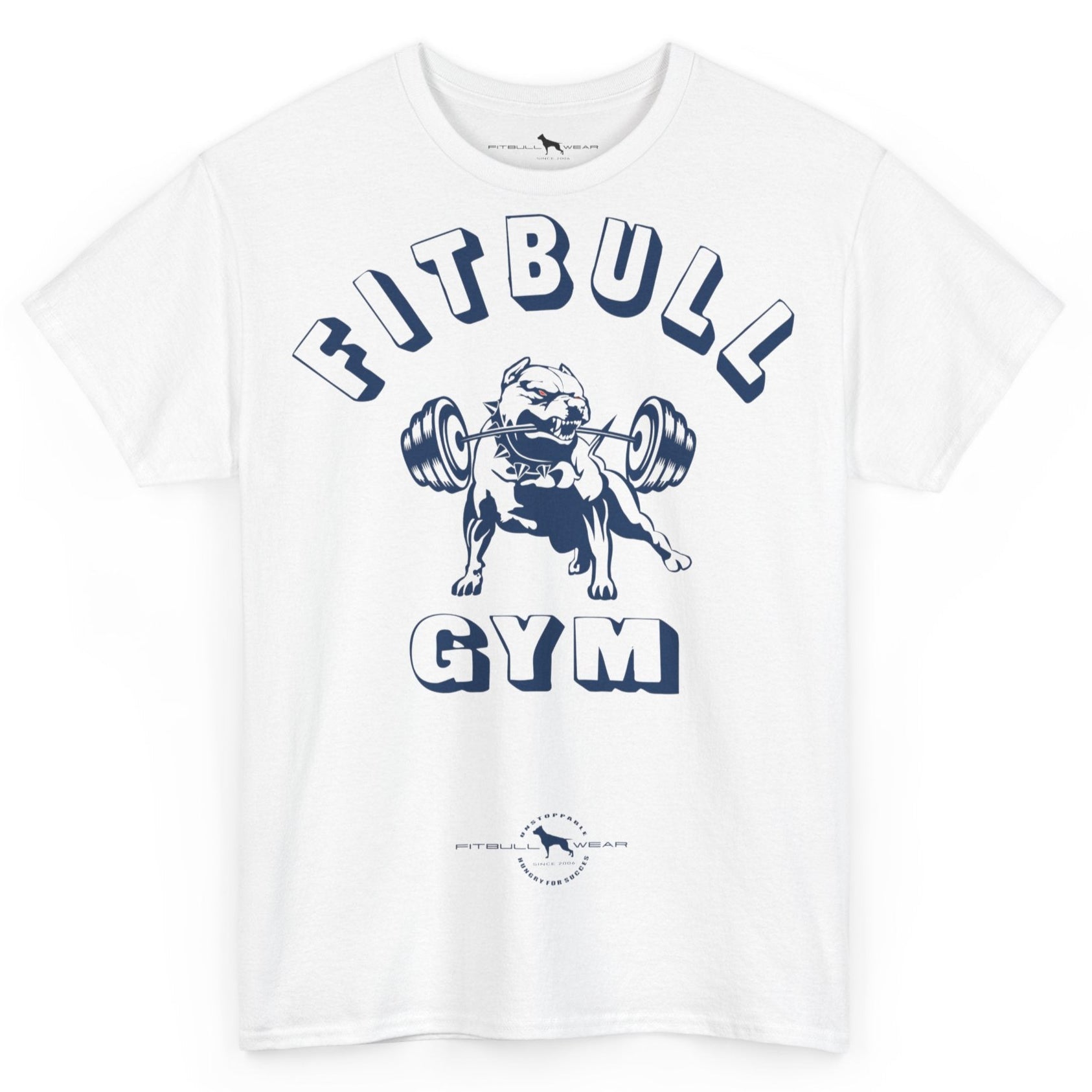White t-shirt with 'Fitbull Gym' graphic featuring a bulldog lifting weights on a white background