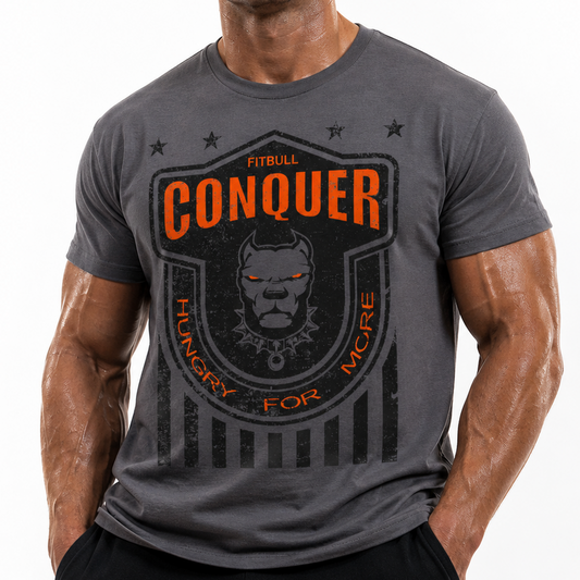 Man wearing a Fitbull gray 'Conquer' t-shirt with a logo on a white background