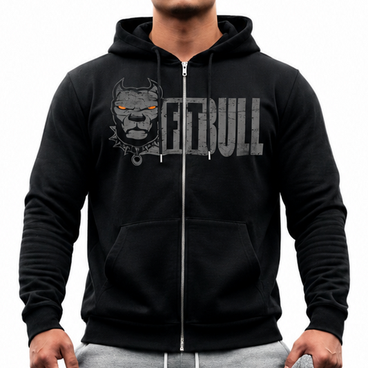 Man wearing a black Fitbull hoodie with a logo and text, gray sweatpants, and red sneakers on a white background