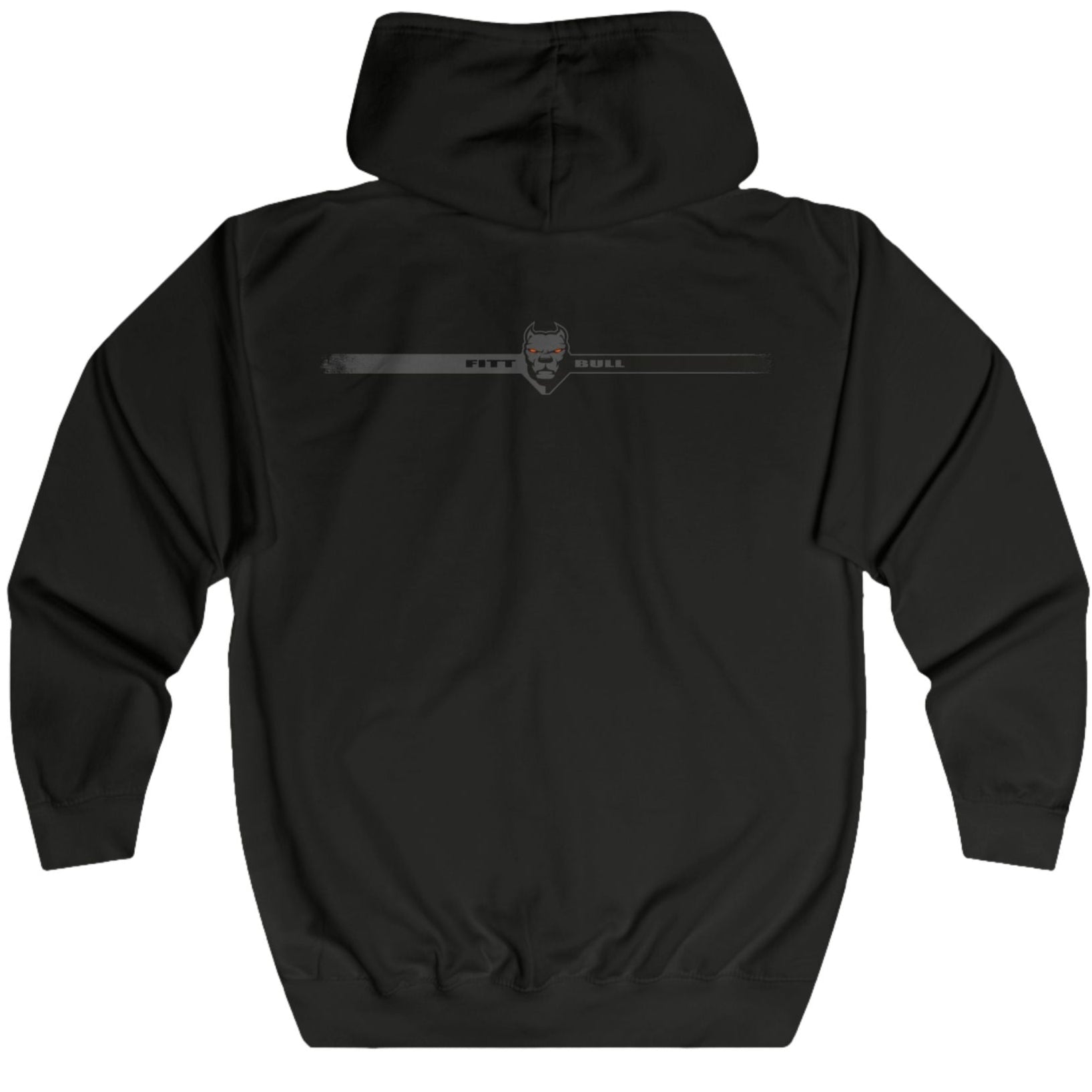 Black Fitbull fitness hoodie with a logo on the back against a white background