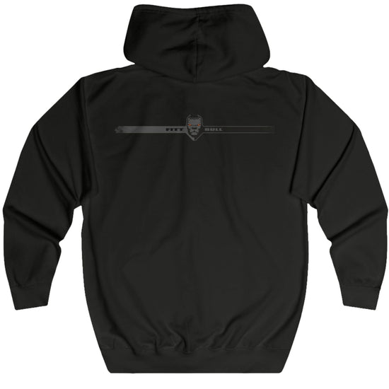 Black Fitbull fitness hoodie with a logo on the back against a white background