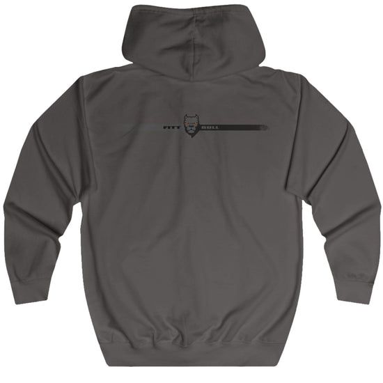 Gray Fitbull fitness hoodie with a logo on the back against a white background